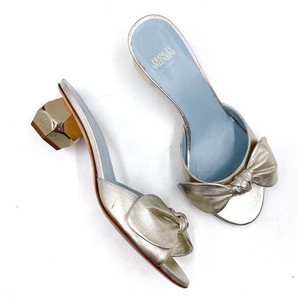 Frances Valentine Bottie Bow Heels Gold Sandals Geodome Slide Leather Sz 7 - Picture 2 of 12